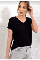 تی شرت زنانه یقه V با کیفیت فوق العاده سیاه و سفید 2 بسته تی شرت نخی شانه دار بافتنی زنانه-thumb