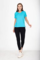 تی شرت زنانه یقه V با کیفیت فوق العاده 100% پنبه ای آبی فیروزه ای تی شرت پنبه ای بافتنی-thumb