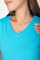 تی شرت زنانه یقه V با کیفیت فوق العاده 100% پنبه ای آبی فیروزه ای تی شرت پنبه ای بافتنی-thumb