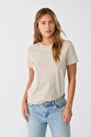 تی شرت زنانه با کیفیت فوق العاده 100% پنبه ای یک رنگ بژ یقه خدمه تی شرت پنبه ای ارگانیک-thumb