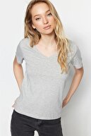 تی شرت زنانه یقه V یقه V با کیفیت فوق العاده نخی 100% پنبه ای ملانژ خاکستری تی شرت پنبه ای بافتنی-thumb