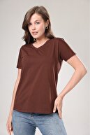 100% پنبه با کیفیت فوق العاده تی شرت زنانه یقه V یقه قهوه ای تی شرت پنبه ای بافتنی تی شرت پنبه ای شانه دار-thumb