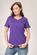 تی شرت زنانه یقه V بنفش با کیفیت فوق العاده تی شرت پنبه ای بافتنی ارگانیک پایه یک رنگ تک رنگ-thumb