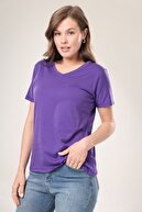 تی شرت زنانه یقه V بنفش با کیفیت فوق العاده تی شرت پنبه ای بافتنی ارگانیک پایه یک رنگ تک رنگ-thumb