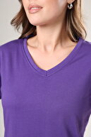 تی شرت زنانه یقه V بنفش با کیفیت فوق العاده تی شرت پنبه ای بافتنی ارگانیک پایه یک رنگ تک رنگ-thumb