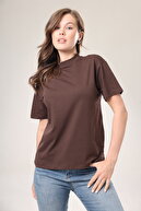 تی شرت یقه بلند بافتنی یقه بلند زنانه قهوه ای 100% پنبه ارگانیک.-thumb