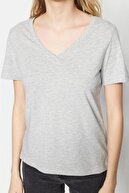 تی شرت زنانه یقه V یقه V با کیفیت فوق العاده نخی 100% پنبه ای ملانژ خاکستری تی شرت پنبه ای بافتنی-thumb