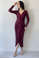 لباس شب یقه بلند یقه دو سینه زنانه طرح پولک شرابی زنانه سایز بزرگ فصل جدید-thumb