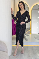 مدل پولک مشکی زنانه مدل لباس مجلسی دو سینه آستین بلند فصل جدید سایز پلاس-thumb