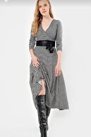 Maxi İdol Kadın Büyük Beden Kazayağı Desen Süet Kumaş Full Likralı Kemer Dahil Elbise Boy 120cm