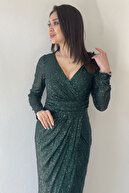 لباس شب یقه بلند زنانه طرح پولک سبز زمردی دو سینه مدل جدید فصل جدید-thumb