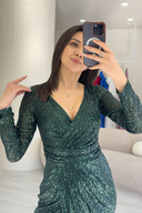 لباس شب یقه بلند زنانه طرح پولک سبز زمردی دو سینه مدل جدید فصل جدید-thumb