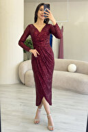 لباس شب یقه بلند یقه دو سینه زنانه طرح پولک شرابی زنانه سایز بزرگ فصل جدید-thumb