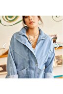 ESB Design Kadın Mavi Cepli Fermuarlu Çıtçıtlı Uzun Denim Ceket