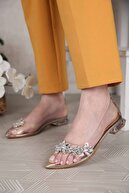 Ccway Kadın Taşlı Kısa Topuklu Şeffaf Ayakkabı Altın Rugan