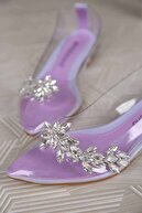 Ccway Kadın Taşlı Kısa Topuklu Şeffaf Ayakkabı Lila Rugan