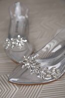 Ccway Kadın Taşlı Kısa Topuklu Şeffaf Ayakkabı Gümüş Rugan
