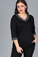 Moda Cazibe Kadın Siyah Yaka Kolucu Sim Bluz M9288