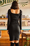 Olalook Kadın Siyah Kare Yaka Likralı Elbise ELB-19001612