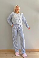 Pijamaevi Kadın Mavi Hello Winter Desenli Peluş Pijama Takımı