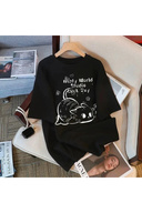 Tarzsokak Siyah s Round Neck Short Sleeve Loose Cute Cat Print