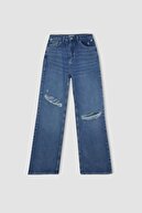 90s پاره پاره شده با جزئیات فاق بلند شلوار جین شسته بلند C8607AX24HS-thumb