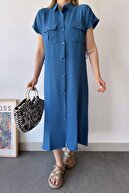 آستین کوتاه نیلی زنانه، یقه پیراهن، طرح ساده، جیب دوتایی، پارچه آئروبین، لباس ماکسی کمربندی-thumb