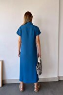 آستین کوتاه نیلی زنانه، یقه پیراهن، طرح ساده، جیب دوتایی، پارچه آئروبین، لباس ماکسی کمربندی-thumb