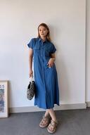 آستین کوتاه نیلی زنانه، یقه پیراهن، طرح ساده، جیب دوتایی، پارچه آئروبین، لباس ماکسی کمربندی-thumb