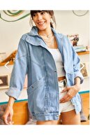 ESB Design Kadın Mavi Cepli Fermuarlu Çıtçıtlı Uzun Denim Ceket