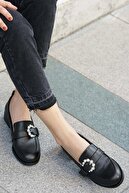 Mio Gusto Siyah Deri İnci Tokalı Kadın Oxford Ayakkabı