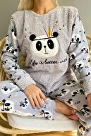 Pijamaevi Kadın Gri Life Panda Desenli Peluş Pijama Takımı