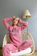 Pijamaevi Kadın Pembe Meow Desenli Tam Peluş Pijama Takımı