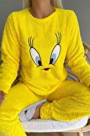 Pijamaevi Sarı Kuş Desenli Tam Peluş Pijama Takımı