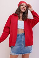 Trend Alaçatı Stili Kadın Kırmızı Kapüşonlu Çift Cepli Fermuarlı Mevsimlik Sweatshirt ALC-667-001