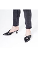 CZ London Kadın  Siyah Hakiki Deri Terlik Sivri Burun Kadeh Topuk Kemerli Ayakkabı