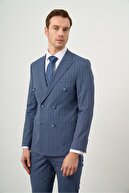 کت و شلوار یقه نوک تیز مردانه آبی سرمه ای Polyviscon Trend دو سینه باریک-thumb