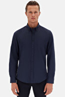 پیراهن نخی با یقه آکسفورد اسلیم فیت باریک با یقه آبی آکسفورد با گلدوزی آسان-thumb