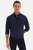 پیراهن نخی با یقه آکسفورد اسلیم فیت باریک با یقه آبی آکسفورد با گلدوزی آسان-thumb