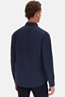 پیراهن نخی با یقه آکسفورد اسلیم فیت باریک با یقه آبی آکسفورد با گلدوزی آسان-thumb