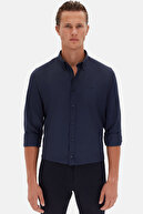 پیراهن نخی با یقه آکسفورد اسلیم فیت باریک با یقه آبی آکسفورد با گلدوزی آسان-thumb