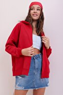 Trend Alaçatı Stili Kadın Kırmızı Kapüşonlu Çift Cepli Fermuarlı Mevsimlik Sweatshirt ALC-667-001