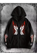 Touz Moda Gothic Design Oversize Fermuarlı Siyah Unisex Kapüşonlu