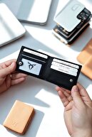 نام چاپ شده کیف پول چرم وگان سوپر اسلیم مدل 5 کارت ظرفیت بسته بندی مخفی مشکی-thumb