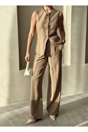 ست شلوار جلیقه دکمه دار کلاسیک کامیل خاکی-thumb