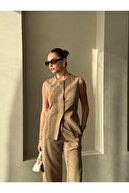 ست شلوار جلیقه دکمه دار کلاسیک کامیل خاکی-thumb