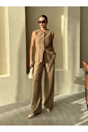 ست شلوار جلیقه دکمه دار کلاسیک کامیل خاکی-thumb