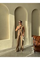 ست شلوار جلیقه دکمه دار کلاسیک کامیل خاکی-thumb