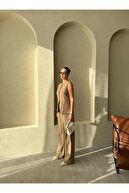 ست شلوار جلیقه دکمه دار کلاسیک کامیل خاکی-thumb