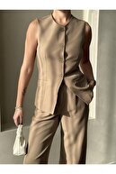 ست شلوار جلیقه دکمه دار کلاسیک کامیل خاکی-thumb